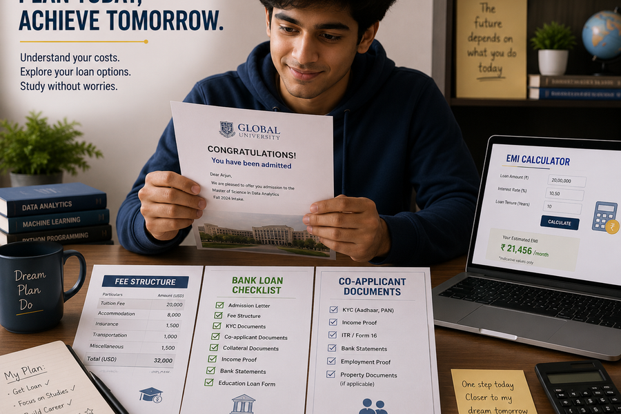 Student reviewing admission and education loan documents.