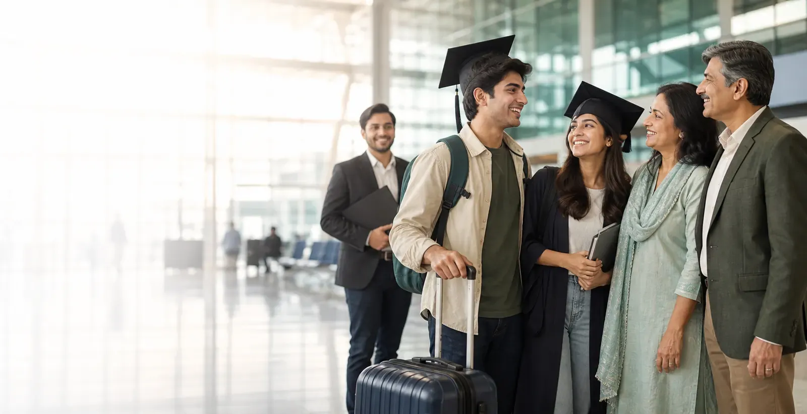 Indian family and graduating students preparing for overseas education